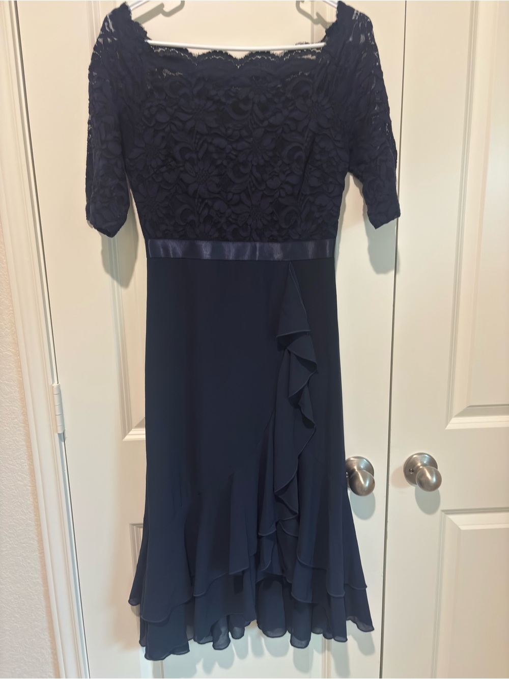 Elegant Navy Lace & Ruffle Midi Dress